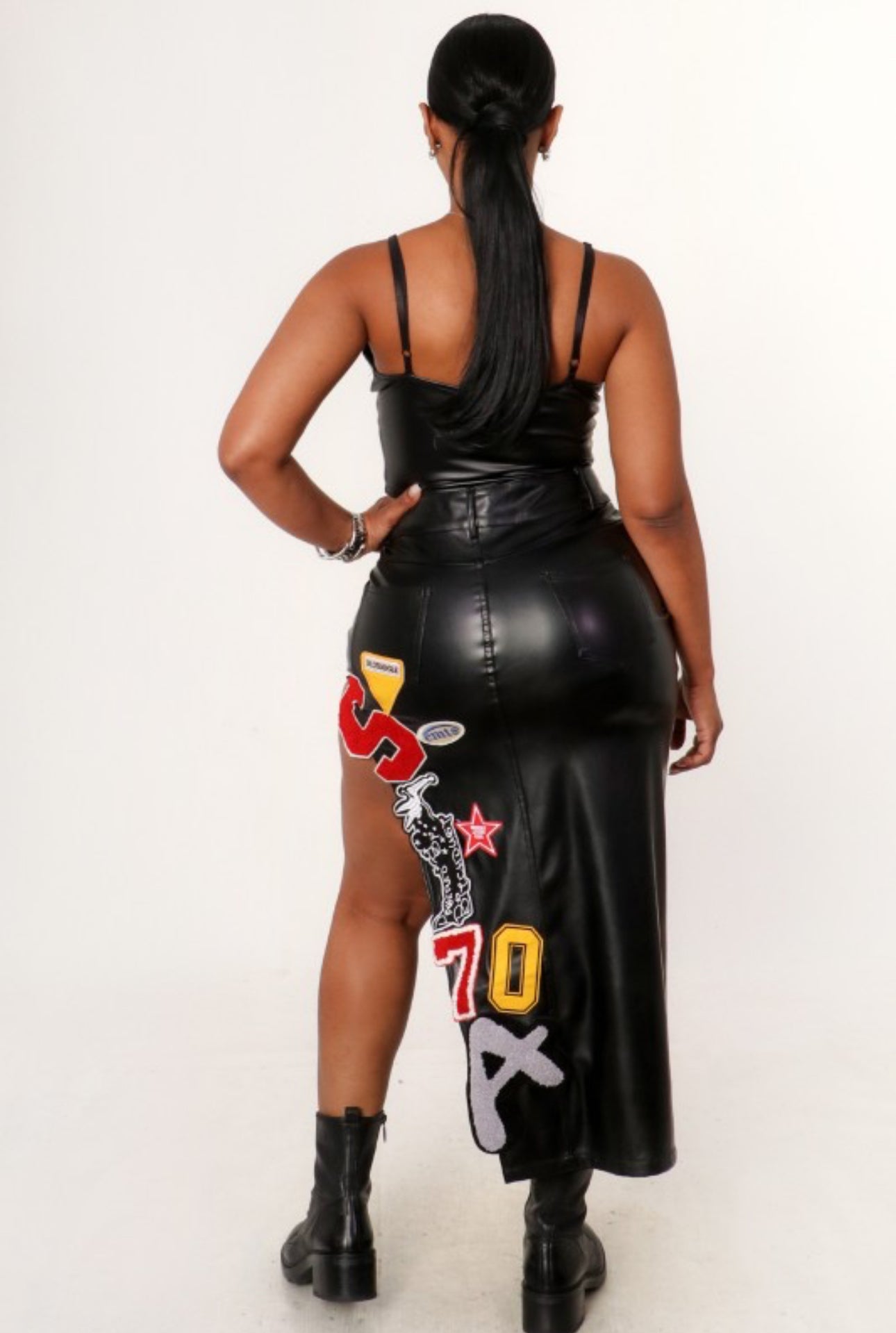 Leather Varsity Patch Midi Skirt – Black