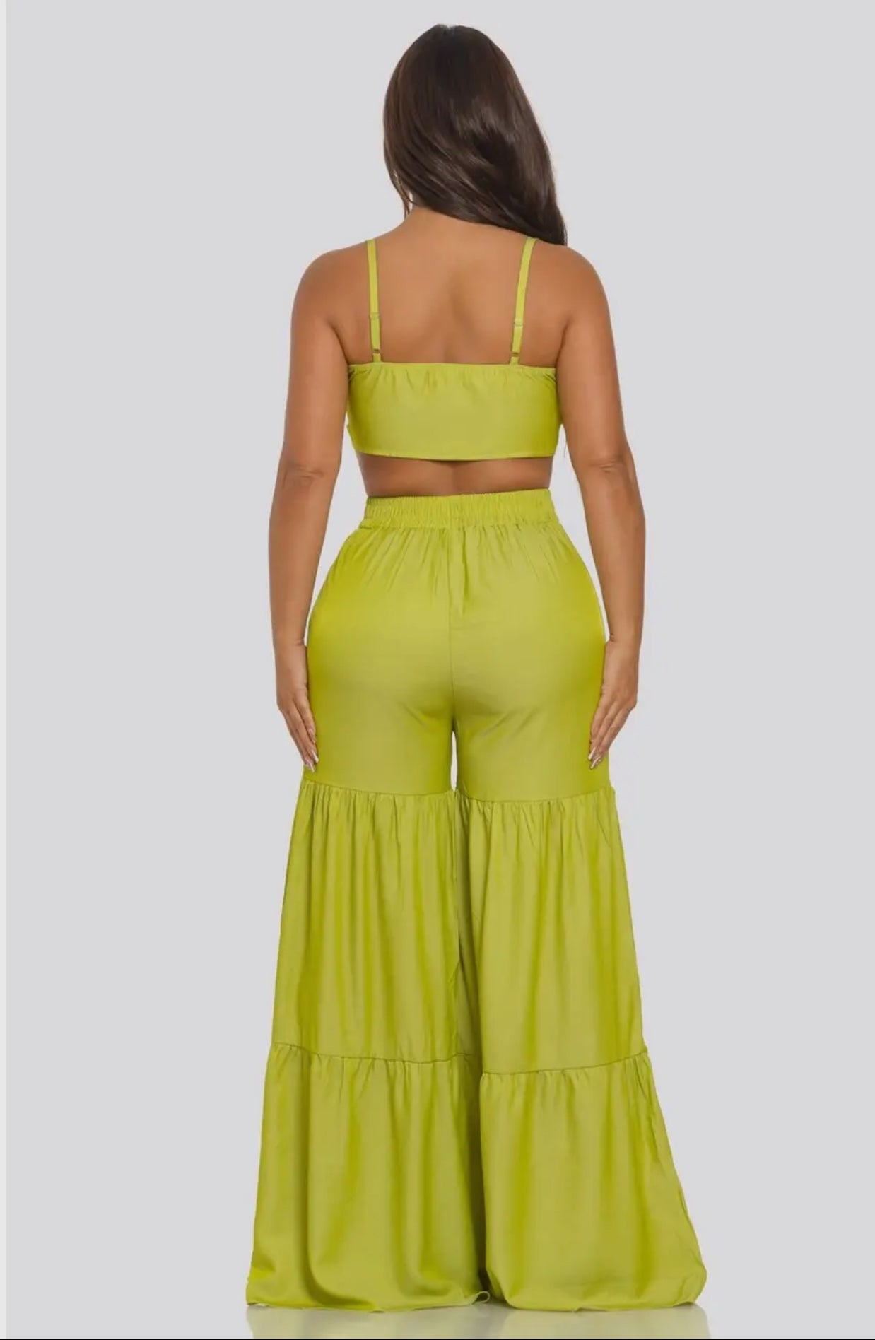 Lime Green Front-Tie Two-Piece Set – Ruffle Wide Leg