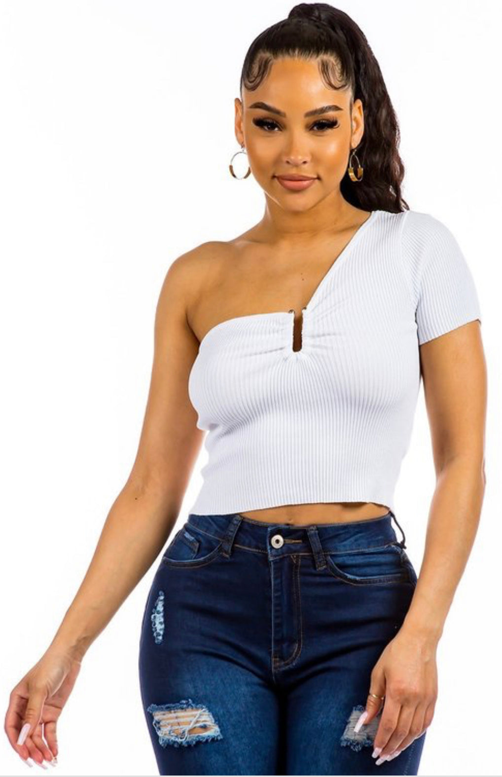 White One Arm Crop Top