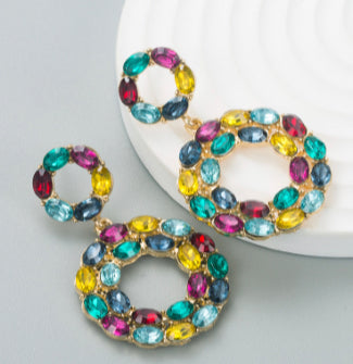 Round Multi-colored Rhinestone Earrings