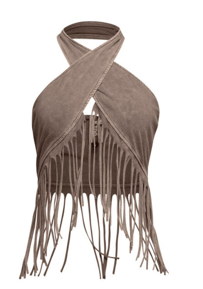 Crisscross Fringe Halter Crop Top