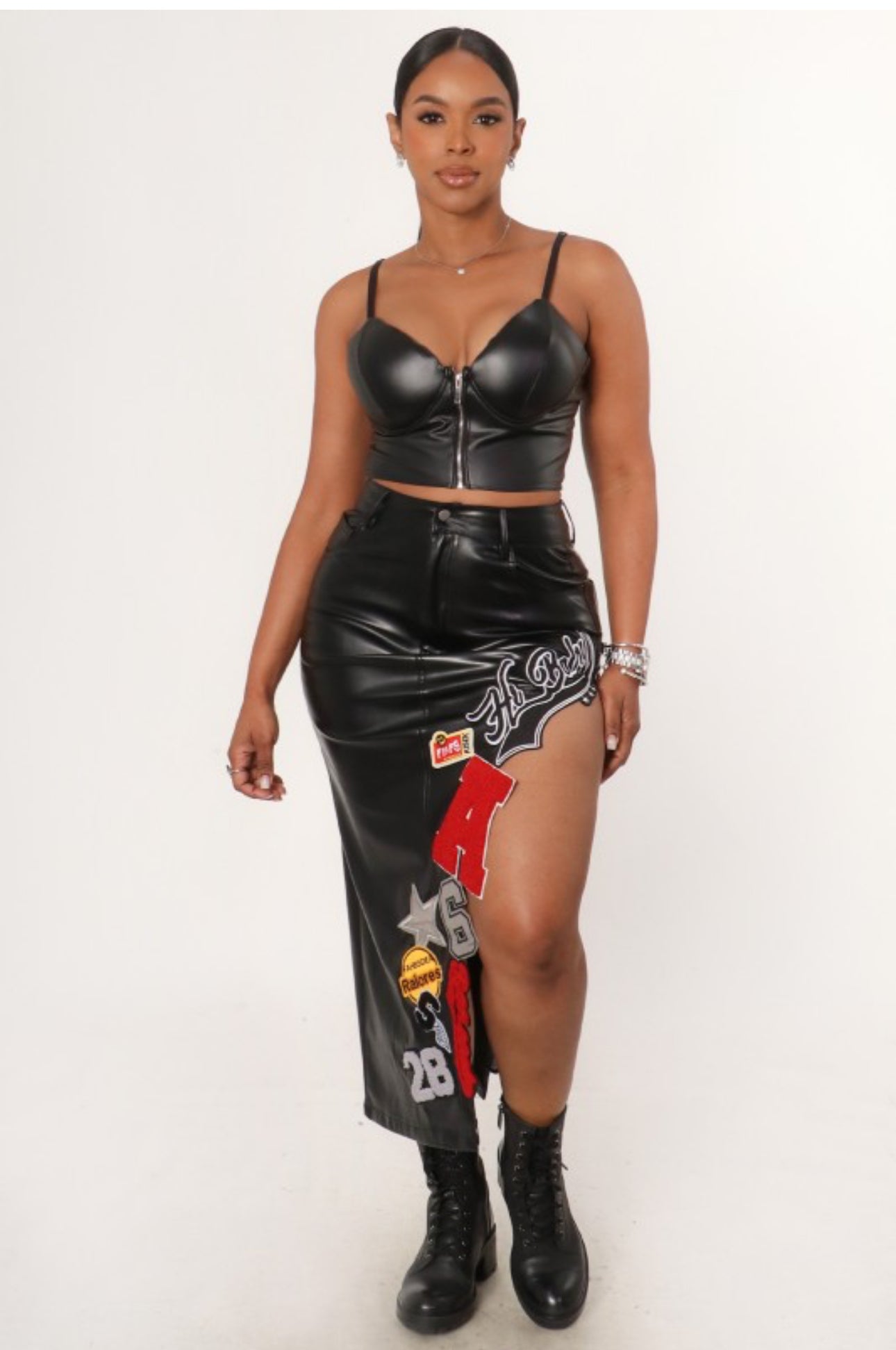 Leather Varsity Patch Midi Skirt – Black