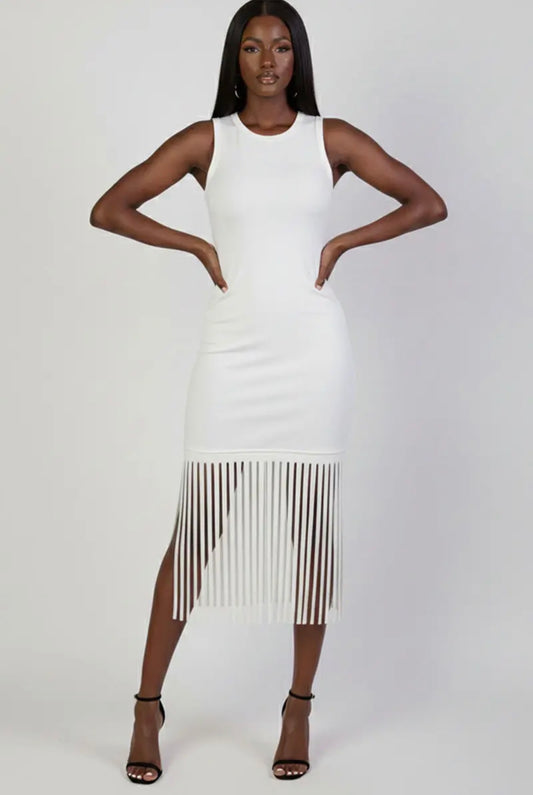 Ivory Fringe Midi Dress