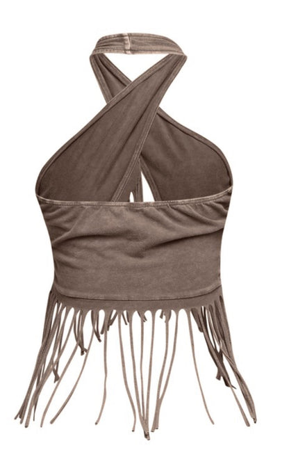 Crisscross Fringe Halter Crop Top