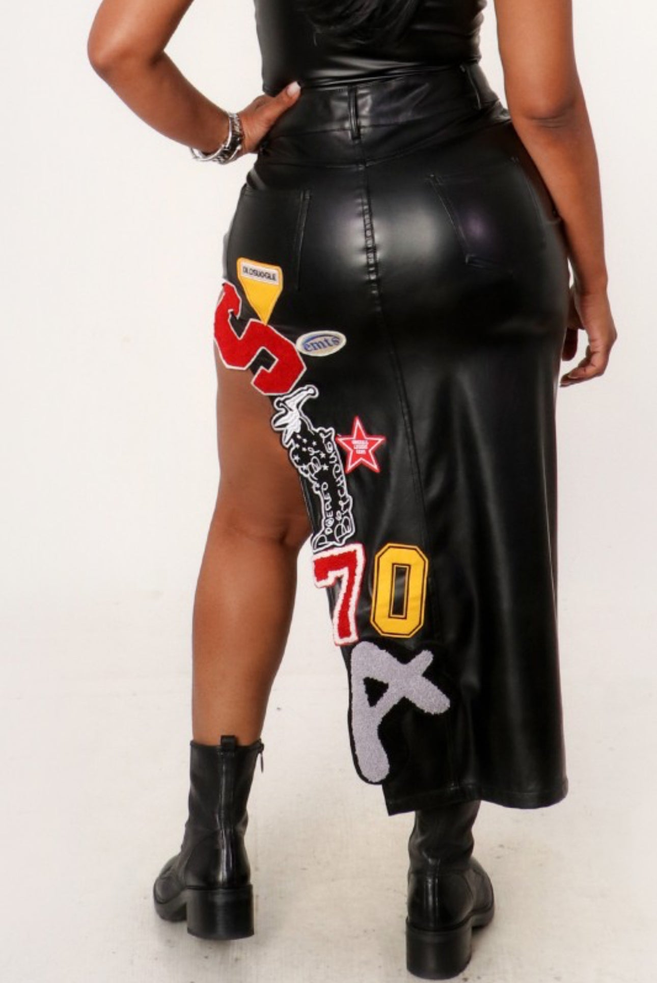 Leather Varsity Patch Midi Skirt – Black