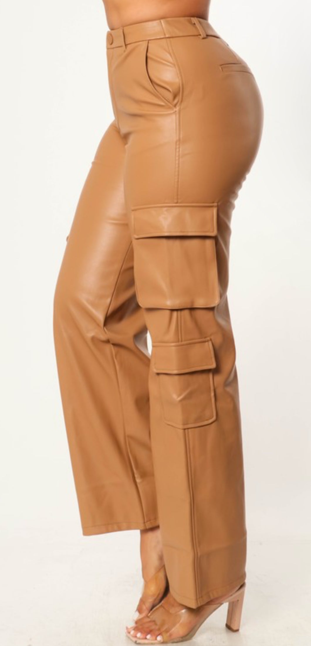 Faux Leather High Waist Cargo Pants