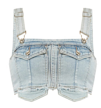 Denim Overall Crop Top – Bold, Distressed & On-Trend