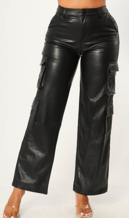 Black Faux Leather Cargo Pants