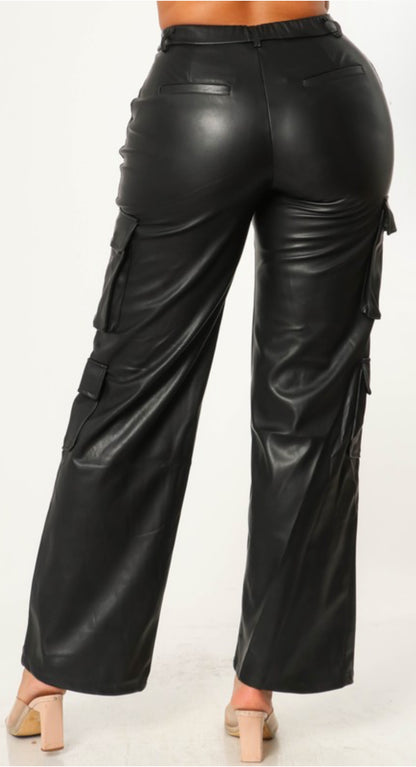 Black Faux Leather Cargo Pants