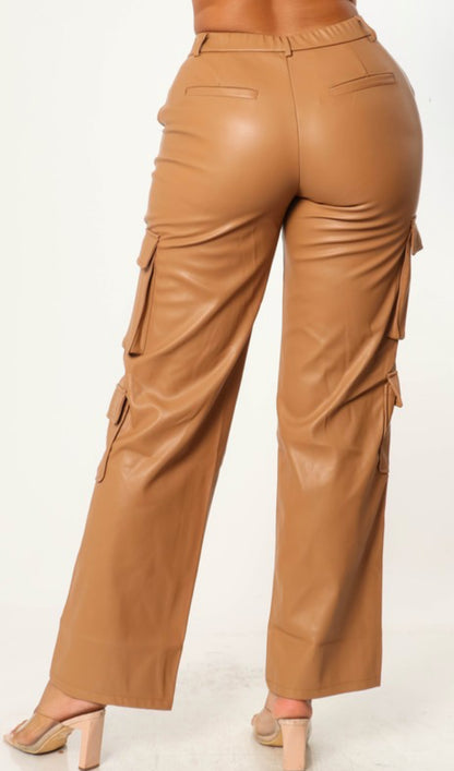 Faux Leather High Waist Cargo Pants